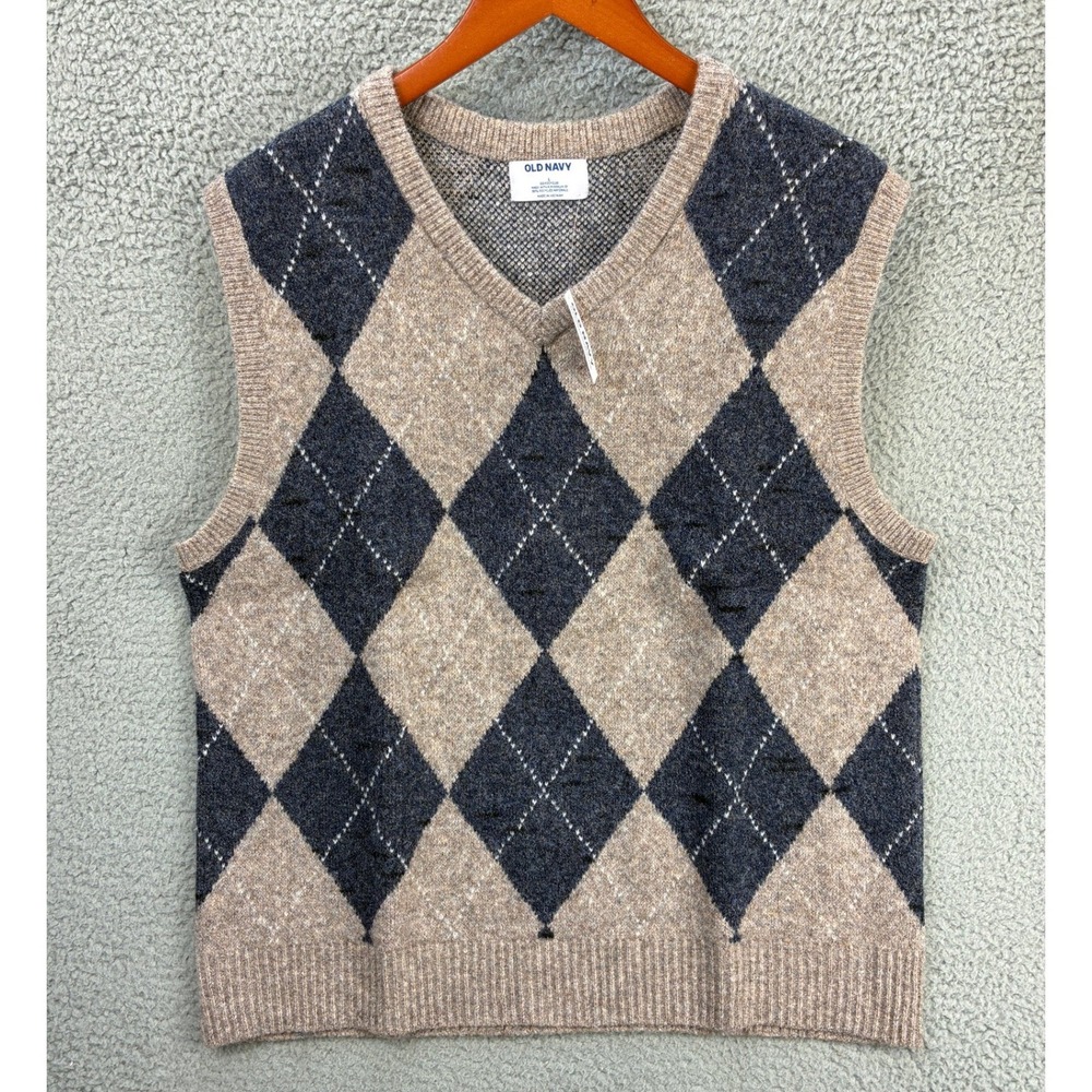 Old Navy Argyle Wool Blend V-Neck Sweater Vest Mens L Beige Gray Preppy NWT